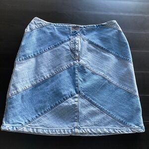 Vintage Jean Skirt Size 12 Denim Chevron Patchwork Faded glory Stretch 2000s y2k
